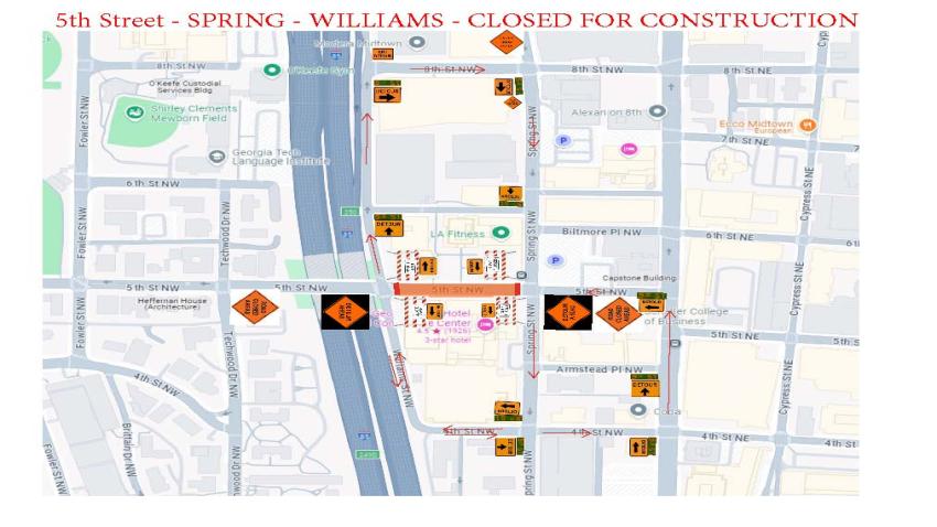 map of logistics for detour around Fifth Street closed area between Spring and W. Peachtree